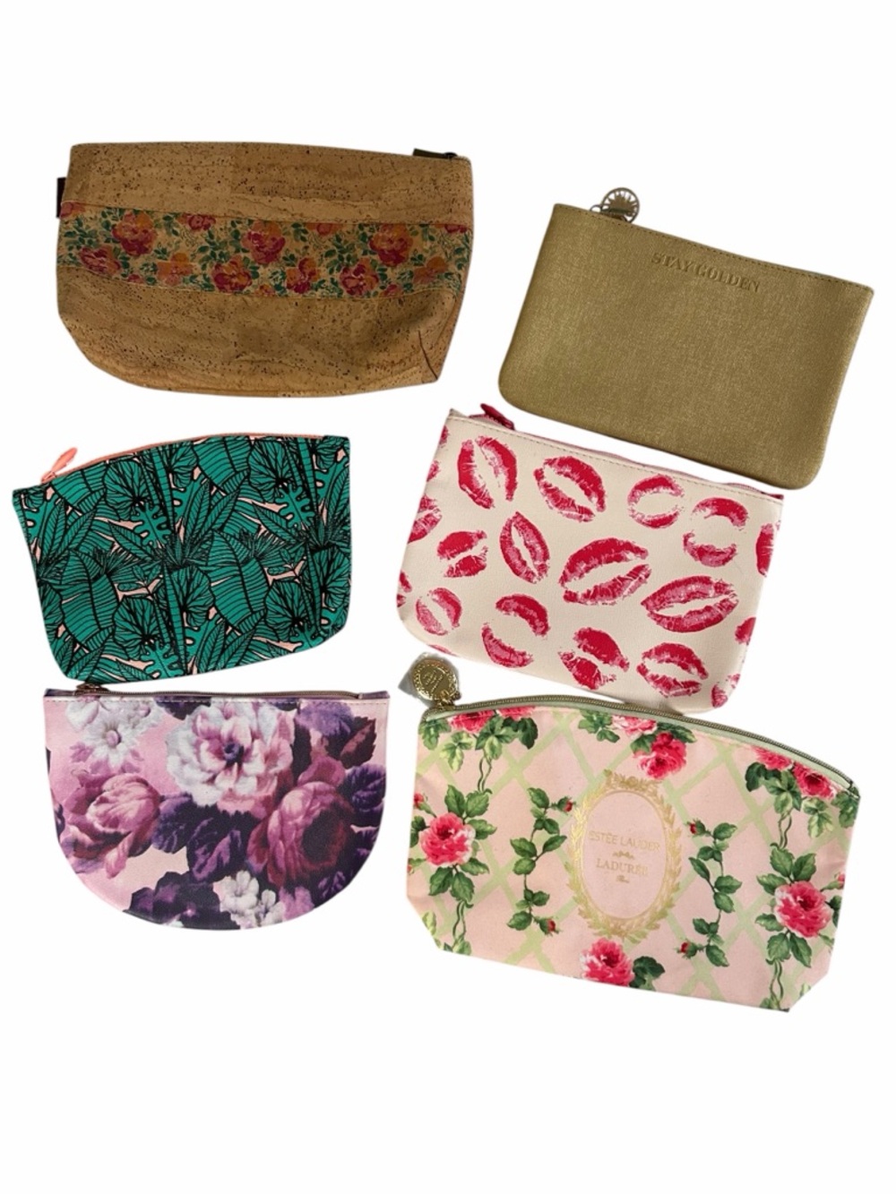 ALL 6,Assorted Women's Cosmetic Pouches - Floral, Lip Print & Metallic (003)